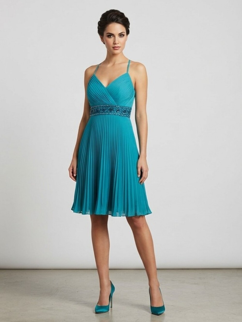 OLEG CASSINI TURQUOISE SMOKED PLEATED MINI DRESS SIZE 10